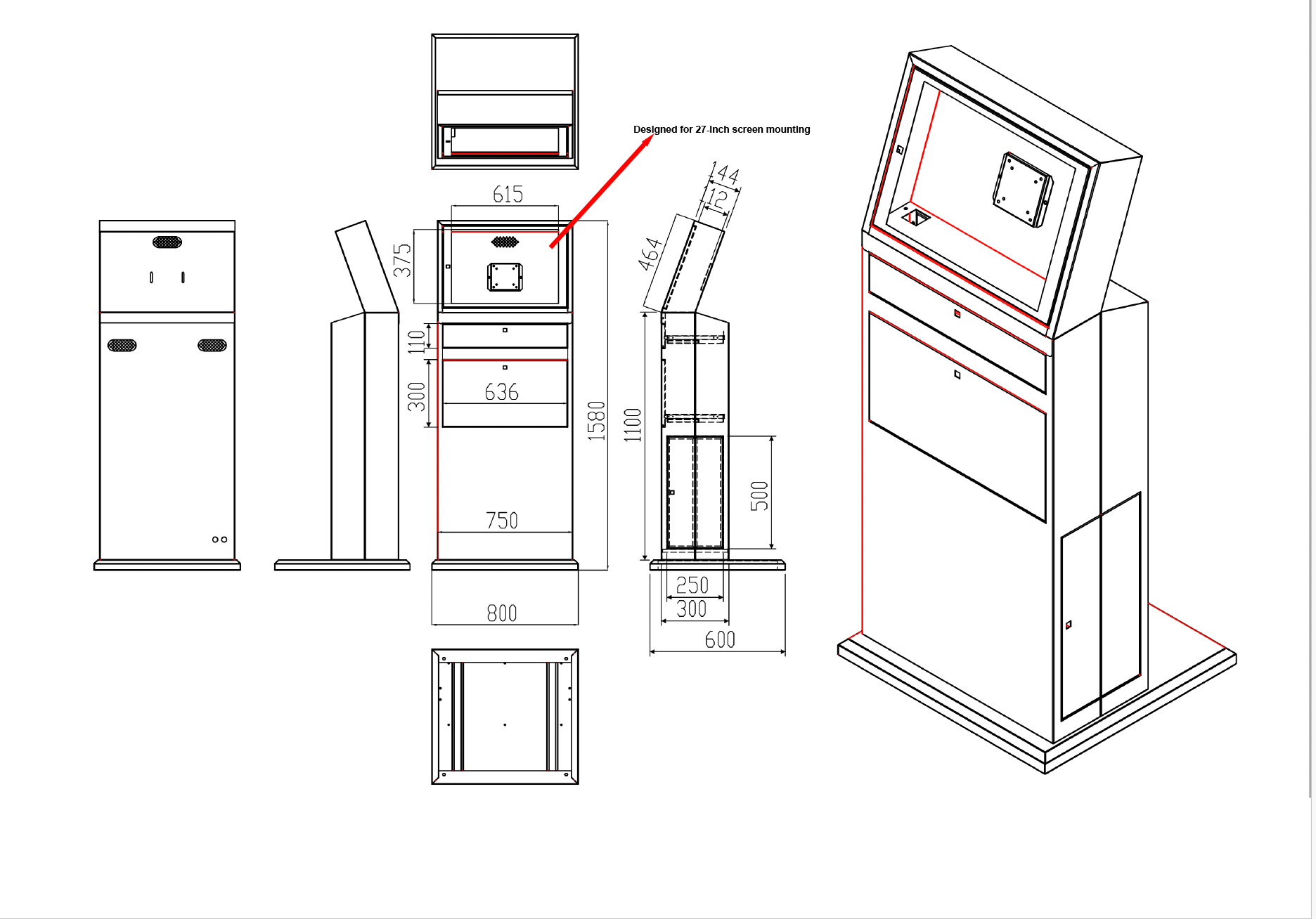 Mobile industrial computer cabinet V4, holds 27" LCD monitor, PC, and printer.