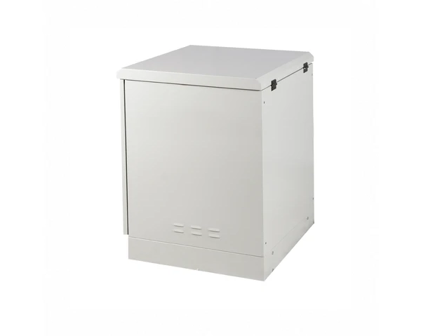 Front three quarter view of a closed STURDX 16U galvanized steel outdoor network cabinet