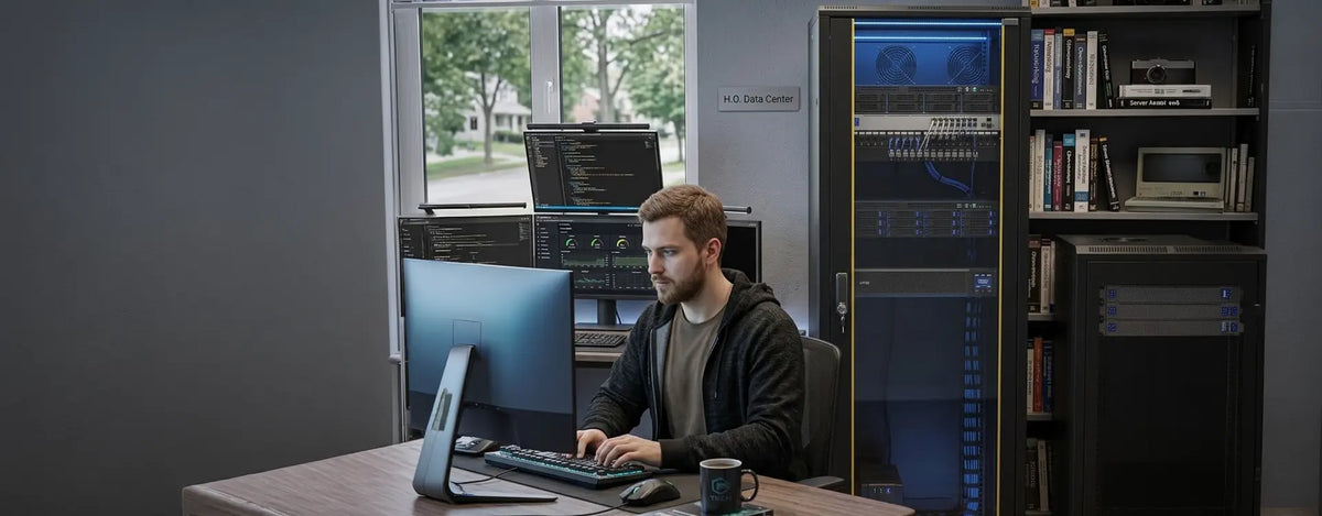 Quiet STURDX server cabinet running a home lab beside a user working at his desk