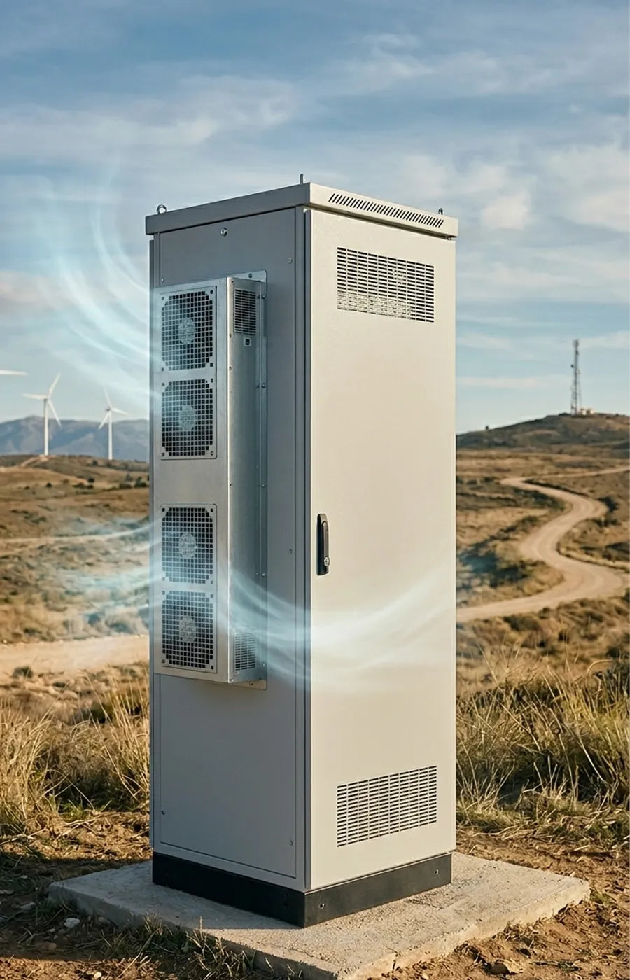 Remote site telecom enclosure with cooling ensures optimal temperature control.