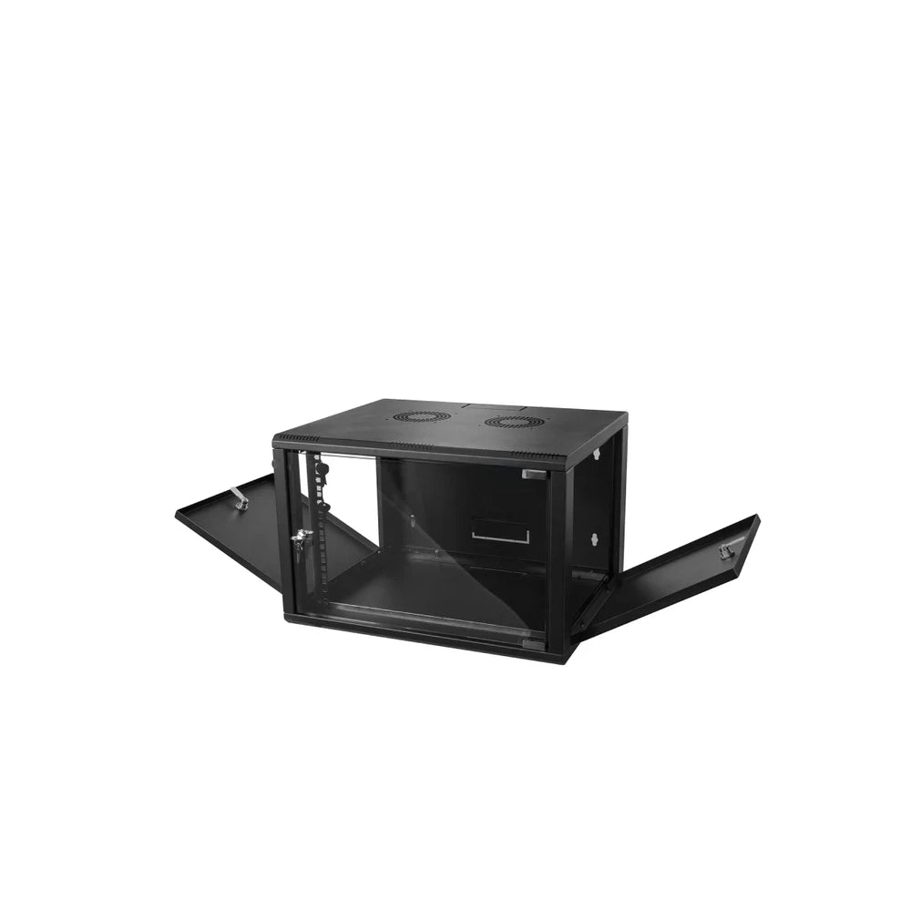 Secure IT network cabinet wall mount, designed with a tempered glass panel for reliable protection.