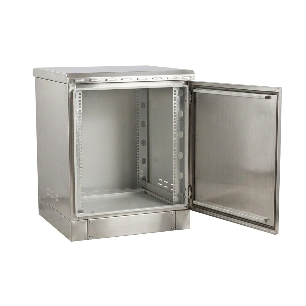 Stainless steel network cabinet with an open door and 16U of rack space