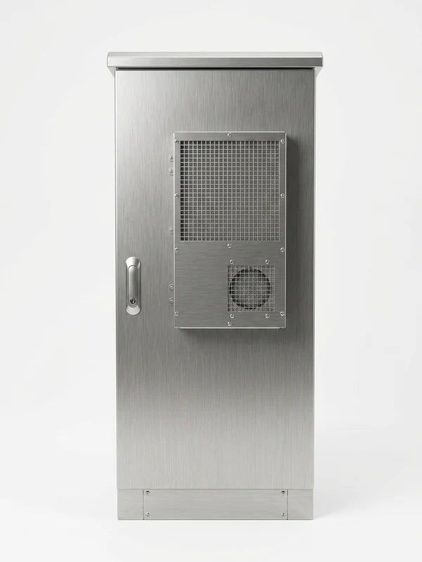 Stainless network cabinet with integrated door cooling for hot climates