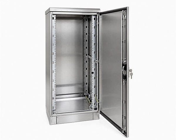 Stainless steel outdoor server rack interior with 19-inch rails, perforated shelf and open door