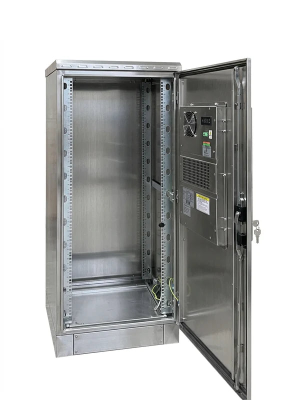 Stainless steel cabinet open door with standard 19 inch rack rails inside