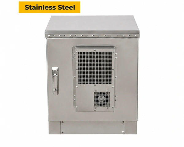 stainless steel outdoor cabinet with a cooling unit, three quarter view
