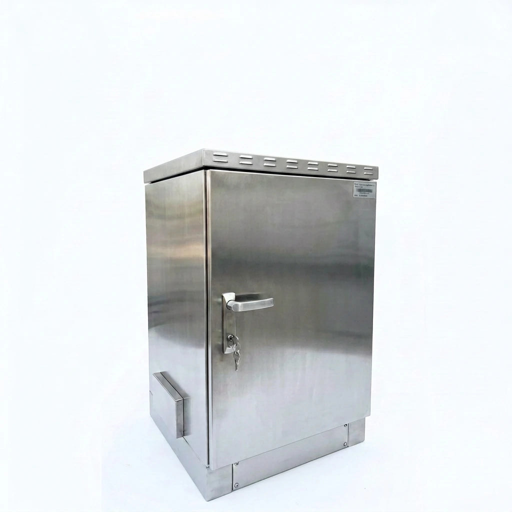 Stainless steel outdoor electrical enclosure closed and sealed for weather