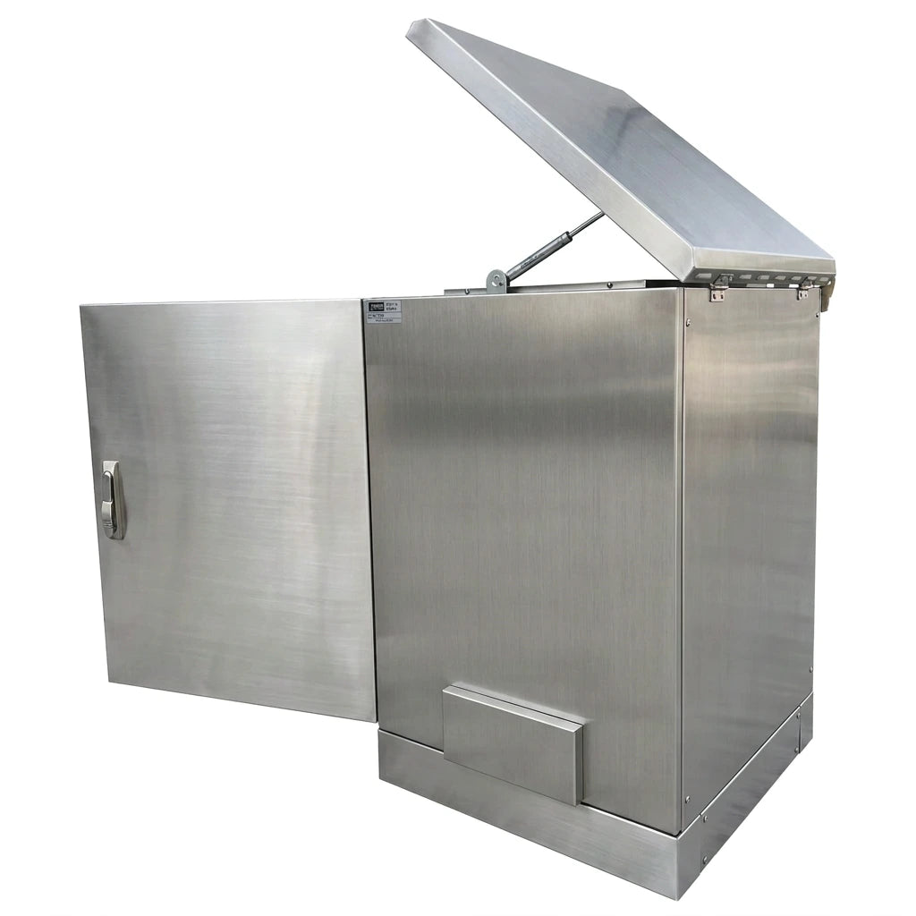 Stainless steel outdoor electrical enclosure with the top cover swung open