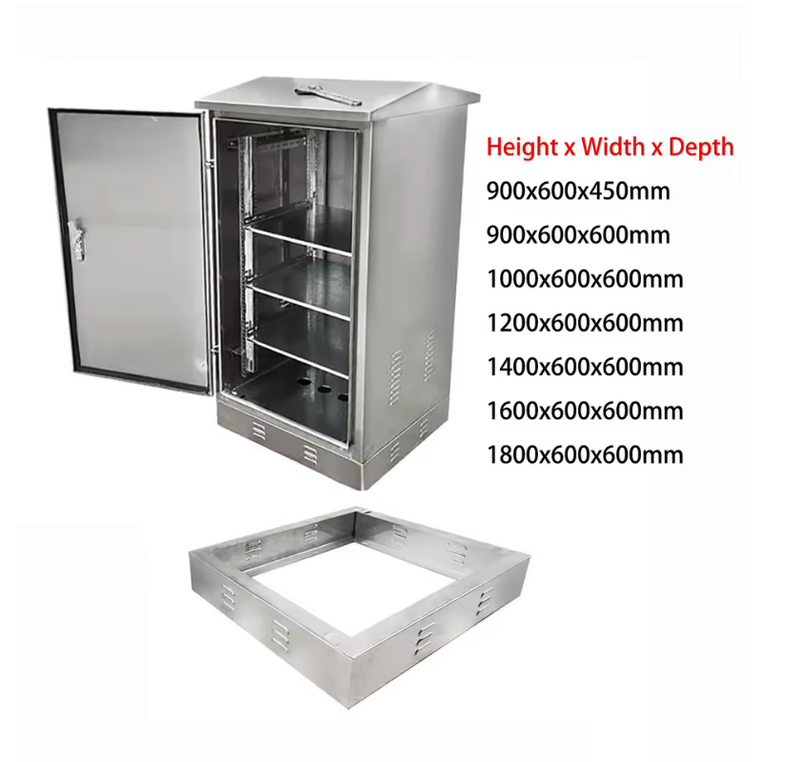 Steel network enclosure cabinet for industrial and telecom equipment protection in environments.