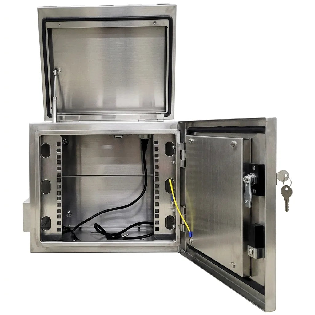 STURDX 5U rack cabinet with open double doors and keys left in the lock