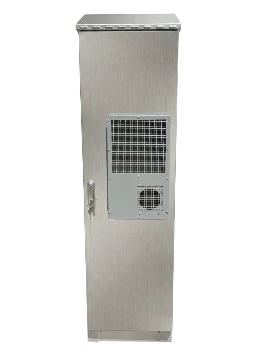 STURDX 42U stainless cabinet at a front angle with air conditioning fitted