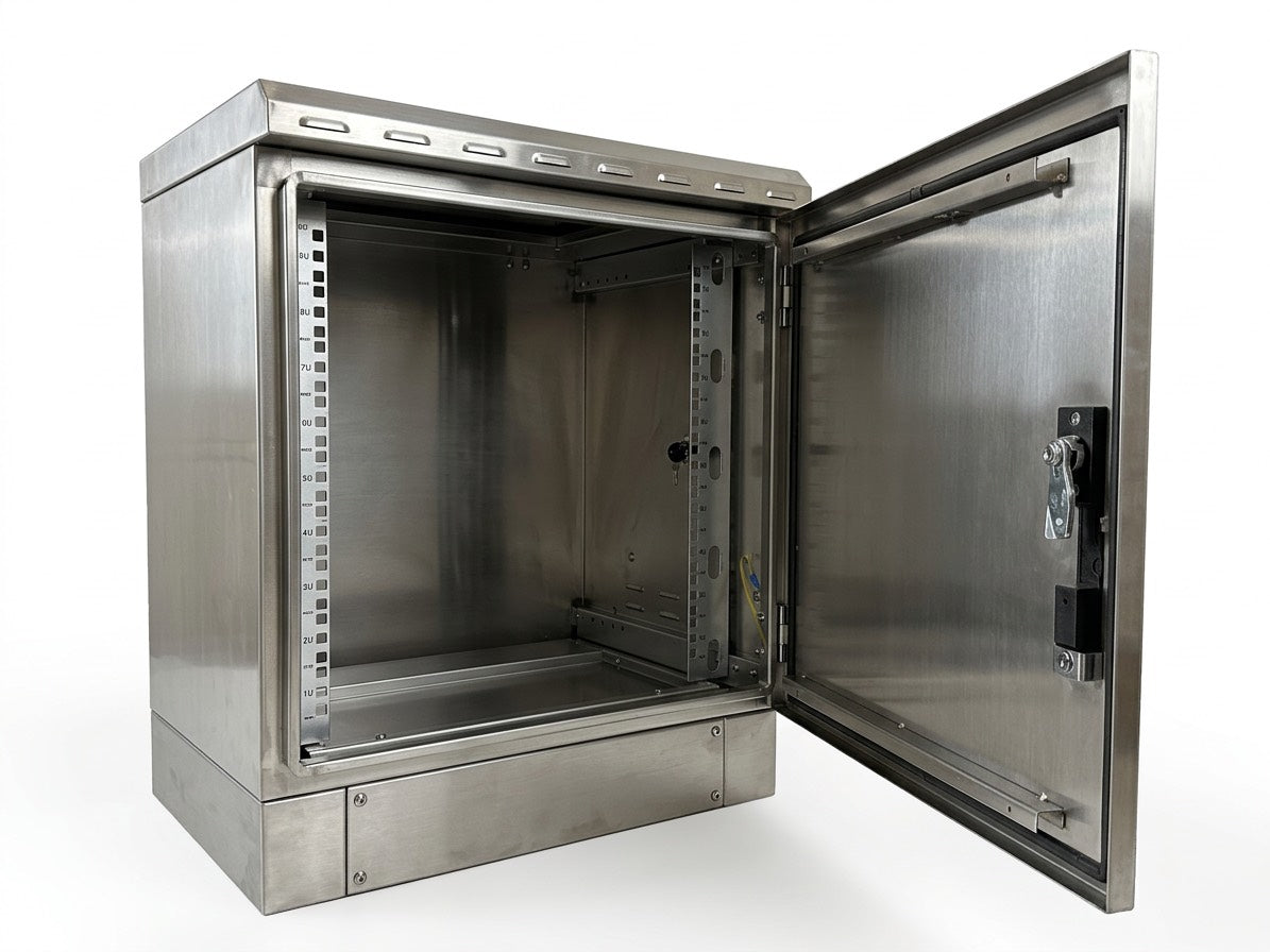 STURDX 9U cabinet open door showing the interior 9U rack rails in detail