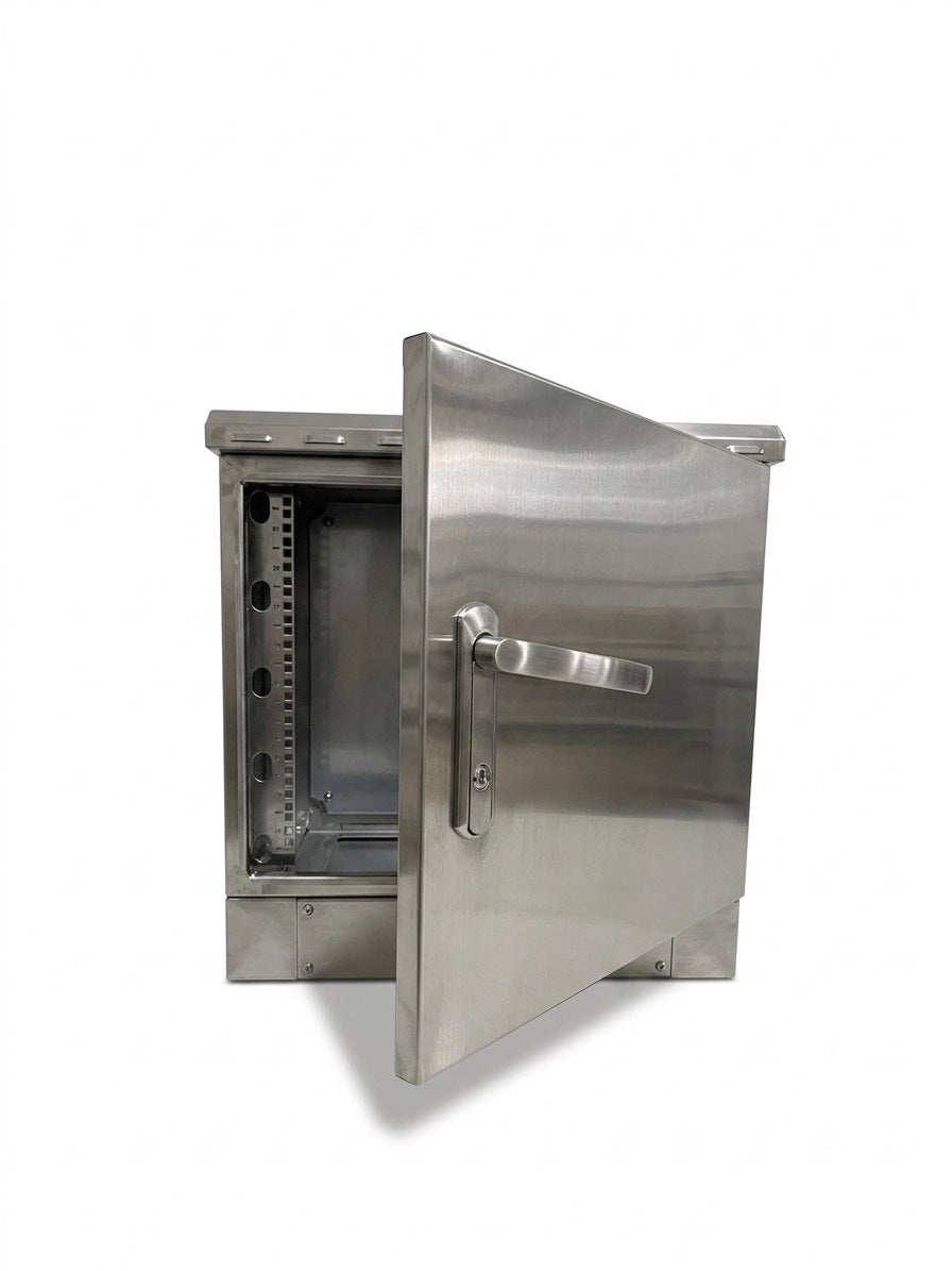 STURDX 9U cabinet open door with a stainless handle and interior rails