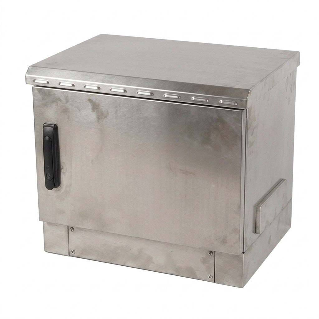 STURDX 7U cabinet closed at a front angle with its locking handle showing