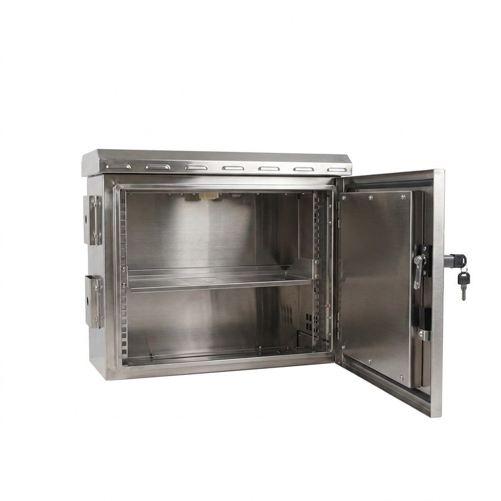 STURDX 7U cabinet open door interior shelf with the cabinet keys in place