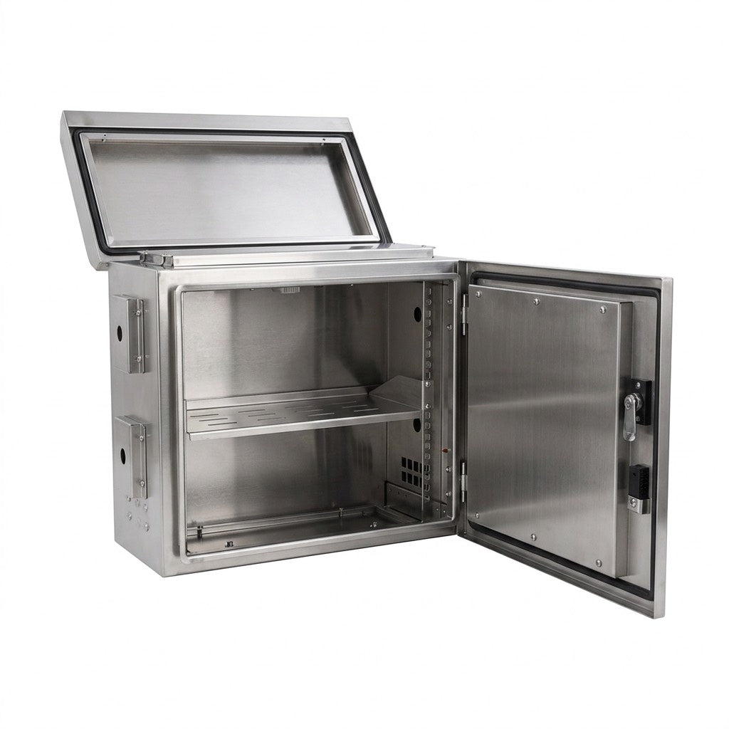 STURDX 7U cabinet with the top and front door open over an interior shelf