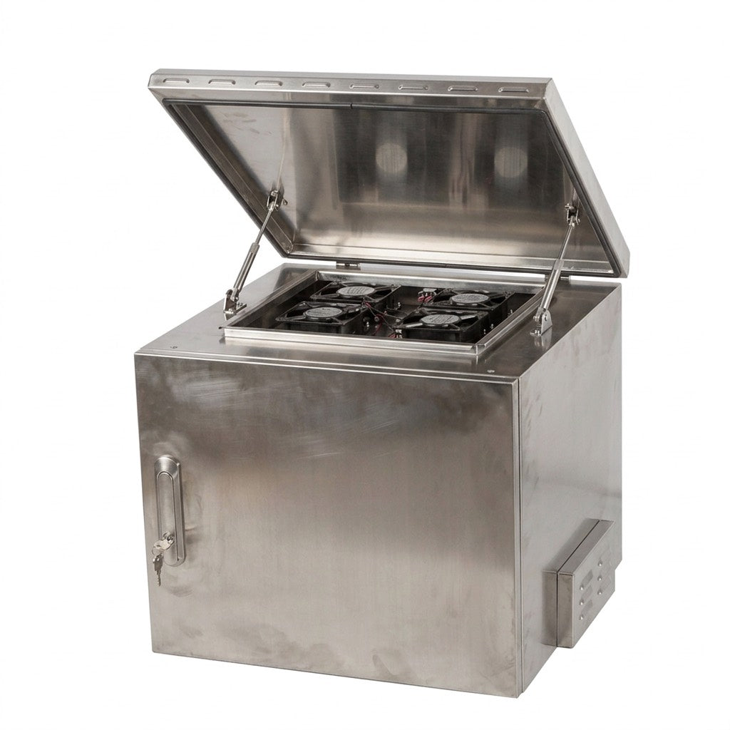 STURDX 7U cabinet with the top lid open on a four fan cooling module