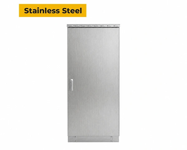 Stainless steel weatherproof outdoor cabinet in a 32U height, ready to deploy