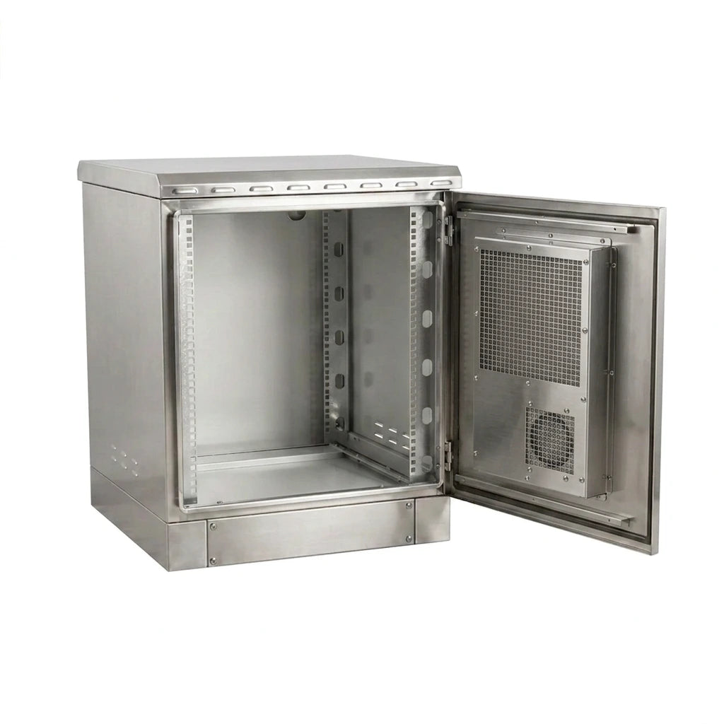 Open door stainless outdoor cabinet, 12U tall, with a cooling unit inside