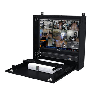 Caja DVR para montaje en pared y gabinete para equipos de red, negro | Riel de montaje ajustable de 1U, sistema de bloqueo seguro y puerta frontal plegable de 90 grados
