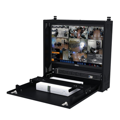 Caja DVR para montaje en pared y gabinete para equipos de red, negro | Riel de montaje ajustable de 1U, sistema de bloqueo seguro y puerta frontal plegable de 90 grados