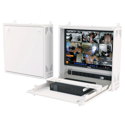 Caja DVR para montaje en pared y gabinete para equipos de red, gris claro | Riel de montaje ajustable de 1U, sistema de bloqueo seguro y puerta frontal plegable de 90 grados