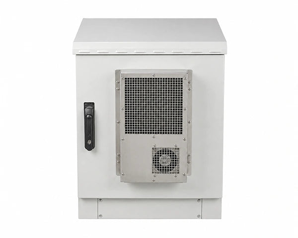 Wall mounted outdoor cabinet with a front cooling unit above the door seal