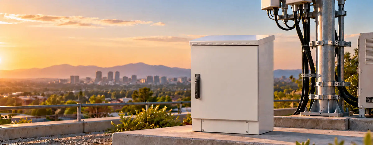 Weatherproof enclosure for 5G equipment on a concrete pad beside a telecom pole at sunset
