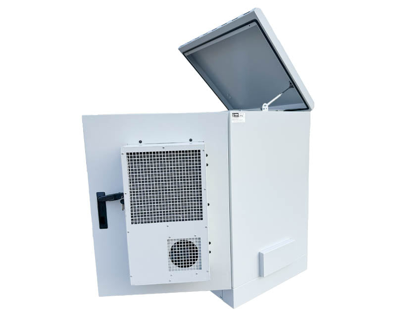 Weatherproof network cabinet with AC unit, perfect for extreme weather conditions.
