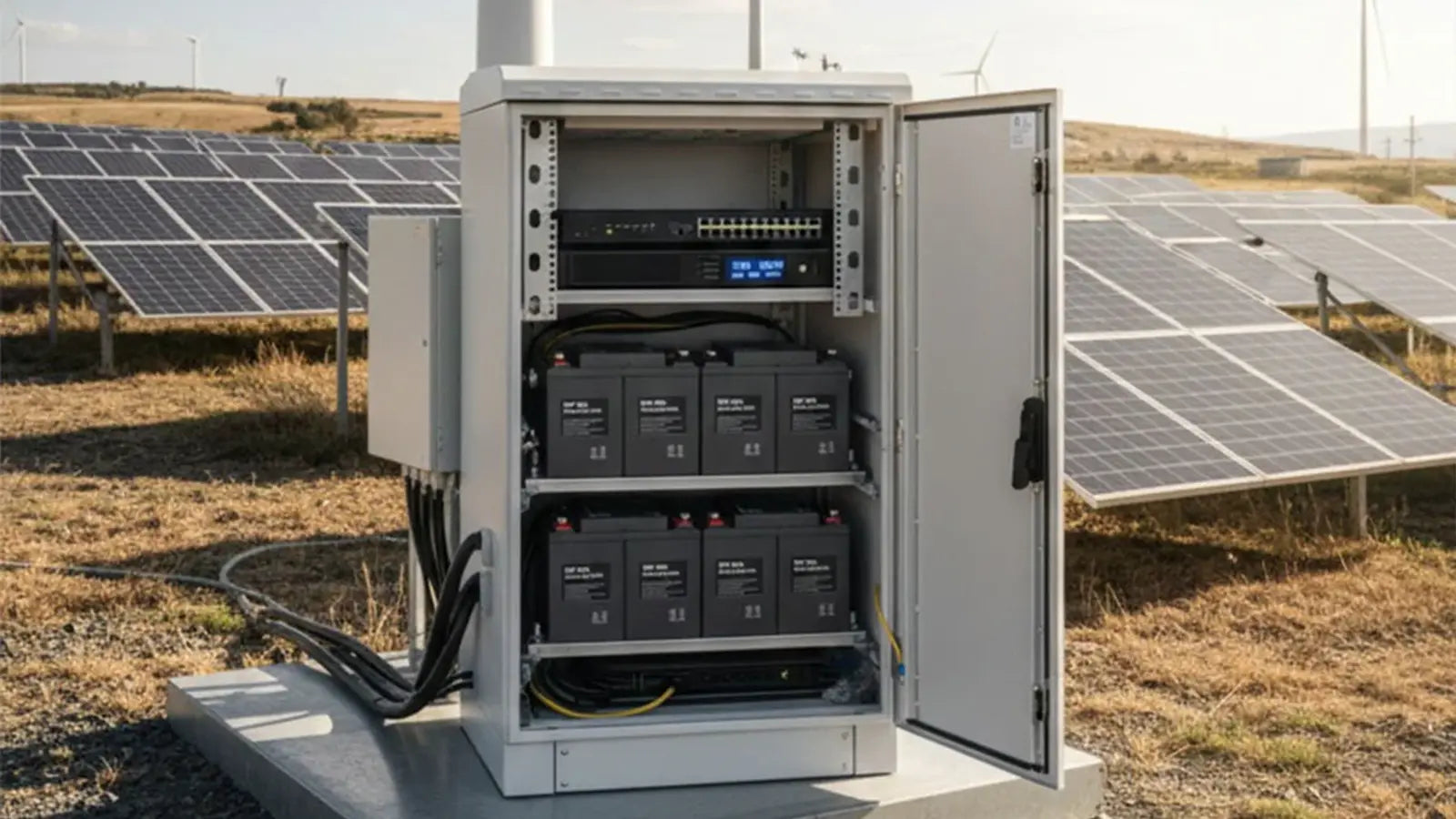 Weatherproof server cabinet with cooling protects equipment in harsh environments.